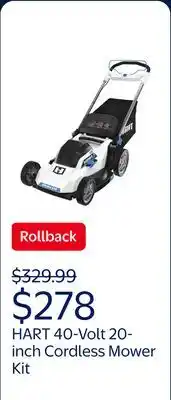 Walmart HART 40-Volt 20-inch Cordless Brushless Push Mower Kit, (1) 6.0Ah Lithium-Ion Battery offer