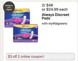 Walgreens Always Discreet Pads offer