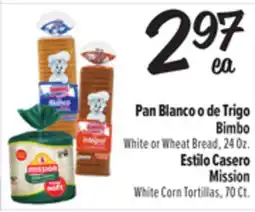 El Super Bimbo White or Wheat Bread, 24Oz. or Mission White Corn Tortillas, 70Ct offer