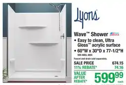 Menards Lyons Wave Shower Easy to clean, Ultra Gloss acrylic surface 60W x 30D x 77-1/2H offer