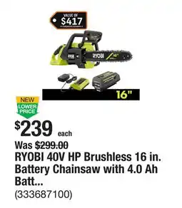 The Home Depot RYOBI 40V HP Brushless 16 in. Battery Chainsaw with 4.0 Ah Battery and Charger offer