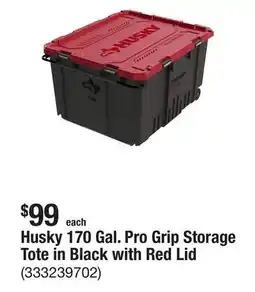 The Home Depot Husky 170 Gal. Pro Grip Storage Tote in Black with Red Lid offer