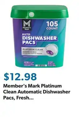 Sam's Club Member's Mark Platinum Clean Automatic Dishwasher Pacs, Fresh Clean, 105 ct offer