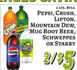 Trade Fair Supermarket PEPSI, CRUSH, LIPTON, MOUNTAIN DEW, MUG ROOT BEER, SCHWEPPES OR STARRY offer