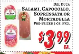 Trade Fair Supermarket DEL DUCA SALAMI, CAPOCOLLO, SOPRESSATA OR MORTADELLA offer