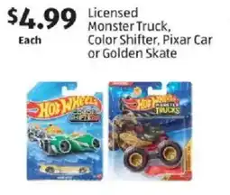 Aldi Licensed Monster Truck, Color Shifter, Pixar Car or Golden Skate offer