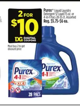 Dollar General Purex Liquid Laundry Detergent 57 Load/75 oz. or 4-in-1 Pacs 28-35 ct offer