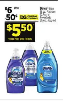 Dollar General Dawn Ultra 38 oz., Platinum 32.7 oz. or PowerSuds 21.6 oz offer