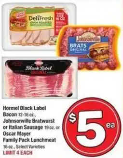 Albertsons Hormel black label bacon, johnsonville bratwurst or italian sausage or oscar mayer family pack lunchmeat offer