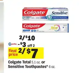 Meijer Colgate Total 5.1 oz. or Sensitive Toothpastes 6 oz offer