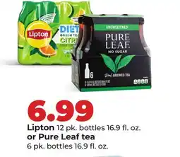 Hy-Vee Lipton 12 pk. bottles 16.9 fl. oz. or Pure Leaf tea 6 pk. bottles 16.9 fl. oz offer