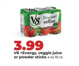 Hy-Vee V8 + Energy, veggie juice or powder sticks offer