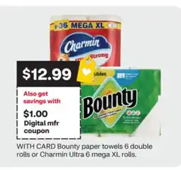 CVS Bounty paper towels 6 double rolls or Charmin Ultra 6 mega XL rolls offer