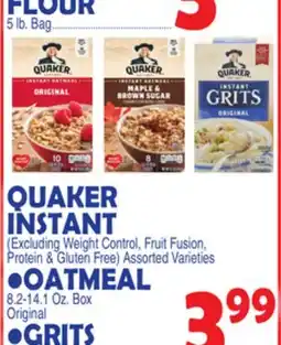 Bravo Supermarkets QUAKER INSTANT, OATMEAL 8.2-14.1 Oz. Box Original, GRITS 9.8 Oz. Box offer