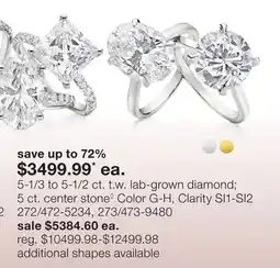 JC Penney 5-1/3 to 5-1/2 ct. t.w. lab-grown diamond 5 ct. center stone◊ Color G-H, Clarity SI1-SI2 offer