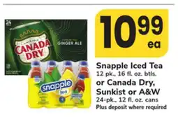 ACME Snapple Iced Tea 12 pk., 16 fl. oz. btls. or Canada Dry, Sunkist or A&W 24-pk., 12 fl. oz. cans offer
