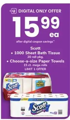 ACME Scott 1000 Sheet Bath Tissue 20 roll pkg. Choose-a-size Paper Towels 15 ct. mega rolls offer