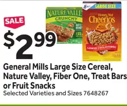 Stop&Shop General Mills Large Size Cereal, Nature Valley, Fiber One, Treat Bars or Fruit Snacks offer