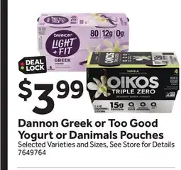 Stop&Shop Dannon Greek or Too Good Yogurt or Danimals Pouches offer