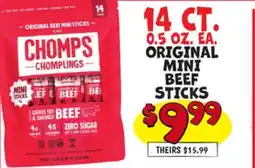 Ollie's CHOMPS 14 CT. 0.5 OZ. EA. ORIGINAL MINI BEEF STICKS offer