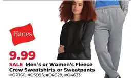 Runnings Hanes Men's or Women's Fleece Crew Sweatshirts or Sweatpants offer
