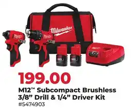 Runnings Milwaukee M12 Subcompact Brushless 3/8 Drill & 1/4 Driver Kit offer