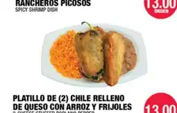 Carnicerias Jimenez PLATILLO DE (2) CHILE RELENDO DE QUESO CON ARROZ Y FRIJOL offer