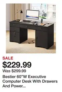 Office Depot Bestier 60W Executive Computer Desk With Drawers And Power Outlets, Black offer