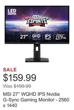 Costco MSI 27 WQHD IPS Nvidia G-Sync Gaming Monitor - 2560 x 1440 offer