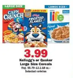 Schnucks Kellogg's or Quaker Large Size Cereals offer