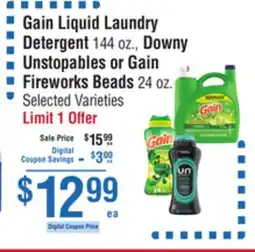 Smart & Final Gain Liquid Laundry Detergent, Downy Unstopables or Gain Fireworks Beads offer