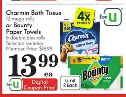 Pavilions Charmin Bath Tissue 12 mega rolls or Bounty Paper Towels 6 double plus rolls offer