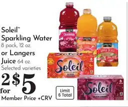 Pavilions Soleil Sparkling Water 8 pack, 12 oz. or Langers Juice 64 oz offer