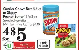 Pavilions Quaker Chewy Bars 5-8 ct. or Skippy Peanut Butter 15-16.3 oz offer