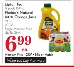 Pavilions Lipton Tea 12 pack, 16.9 oz. Florida's Natural 100% Orange Juice 89 oz offer