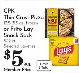 Pavilions CPK Thin Crust Pizza 13.5-15.8 oz., Frozen or Frito Lay Snack Sack 8-12 ct offer