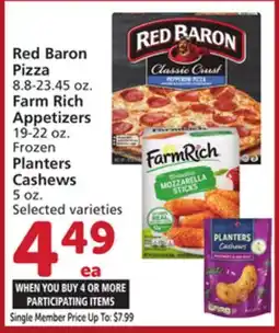 Albertsons Red Baron Pizza 8.8-23.45 oz. Farm Rich Appetizers 19-22 oz. Frozen Planters Cashews 5 oz offer