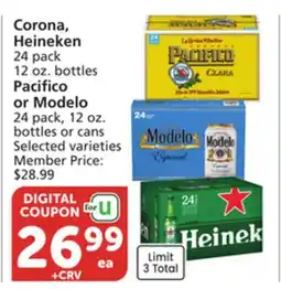 Albertsons Corona, Heineken 24 pack 12 oz. bottles Pacifico or Modelo 24 pack, 12 oz. bottles or cans offer