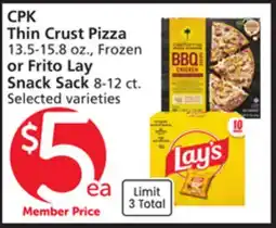 Albertsons CPK Thin Crust Pizza 13.5-15.8 oz., Frozen or Frito Lay Snack Sack 8-12 ct offer