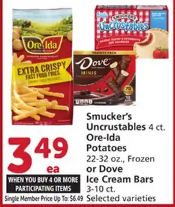 Vons Smucker's Uncrustables 4 ct. Ore-Ida Potatoes 22-32 oz., Frozen or Dove Ice Cream Bars 3-10 ct offer
