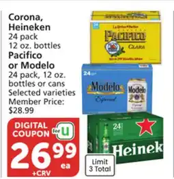 Vons Corona, Heineken 24 pack 12 oz. bottles Pacifico or Modelo 24 pack, 12 oz. bottles or cans offer