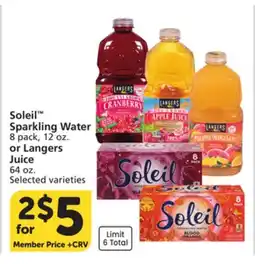 Vons Soleil Sparkling Water 8 pack, 12 oz. or Langers Juice 64 oz offer