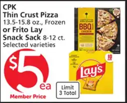Vons CPK Thin Crust Pizza 13.5-15.8 oz., Frozen or Frito Lay Snack Sack 8-12 ct offer