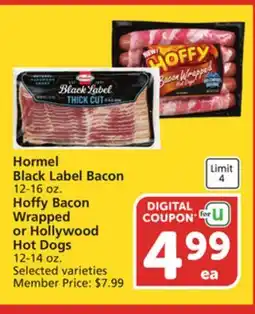 Vons Hormel Black Label Bacon 12-16 oz. Hoffy Bacon Wrapped or Hollywood Hot Dogs 12-14 oz offer