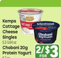 Tony’s Fresh Market Kemps Cottage Cheese Singles, 5.3-5.64 oz Chobani 20g Protein Yogurt 6.7oz offer