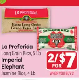 Tony’s Fresh Market La Preferida Long Grain Rice, 5 Lb or Imperial Elephant Jasmine Rice, 4 Lb offer