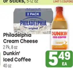 Tony’s Fresh Market Philadelphia Cream Cheese 2Pk, 8oz Dunkin' Iced Coffee 40oz offer