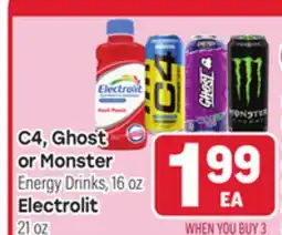 Tony’s Fresh Market C4, Ghost or Monster Energy Drinks, 16 oz, Electrolit 21 oz offer