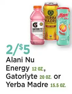 Heinen's Alani Nu Energy 12 OZ., Gatorlyte 20 OZ. or Yerba Madre 15.5 OZ offer