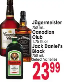 Jewel-Osco Jägermeister 750 ml., Canadian Club 1.75 ltr. or Jack Daniel's Black 750 ml. Select Varieties offer
